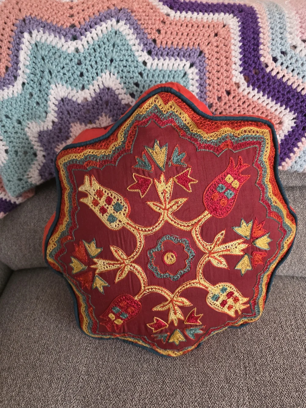 Vintage Red and Gold Embroidered Floral Accent Pillow